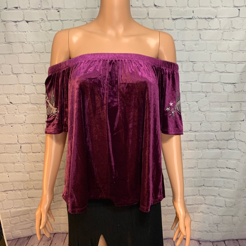 Xhiliration Shimmery crushed velvet Purple embroidered flowers size XS